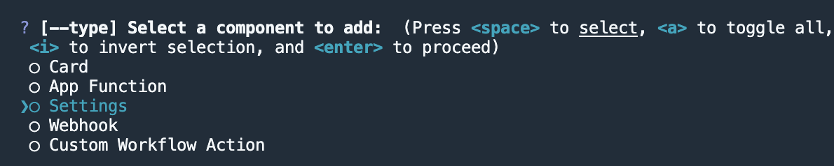 Screenshot of the terminal prompt for selecting the type of component to add